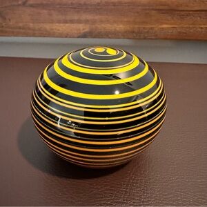 Vtg 1981 Mark Matthews Black Yellow & Orange Swirl Glass Paperweight Sign/Dated